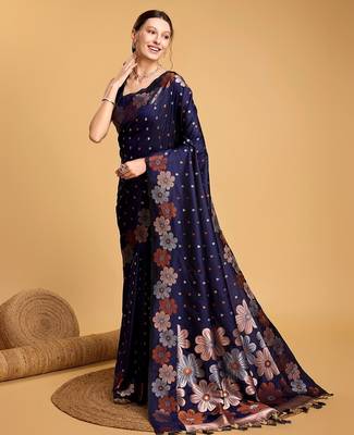navy blue silk blend printed saree with blouse 2