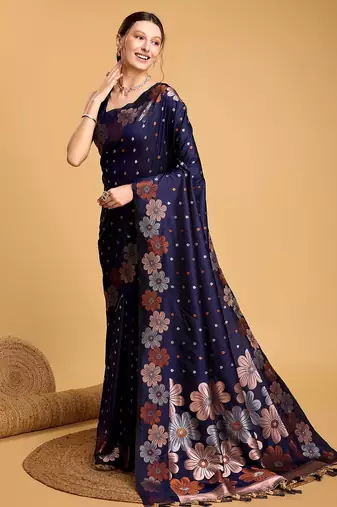 navy blue silk blend printed saree with blouse