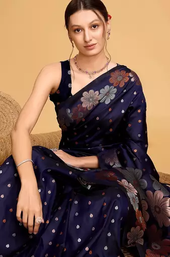 navy blue silk blend printed saree with blouse