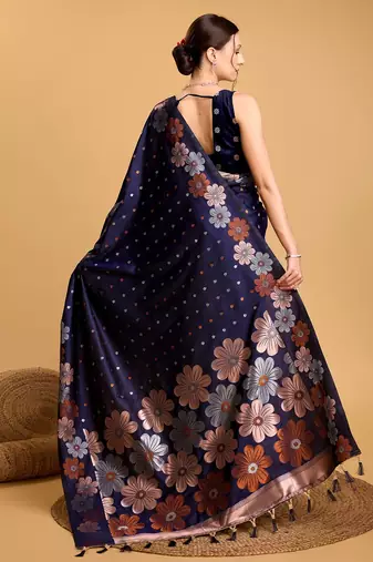 navy blue silk blend printed saree with blouse
