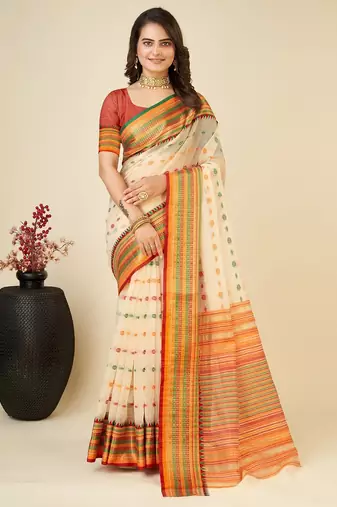 cream silk blend printed saree with blouse