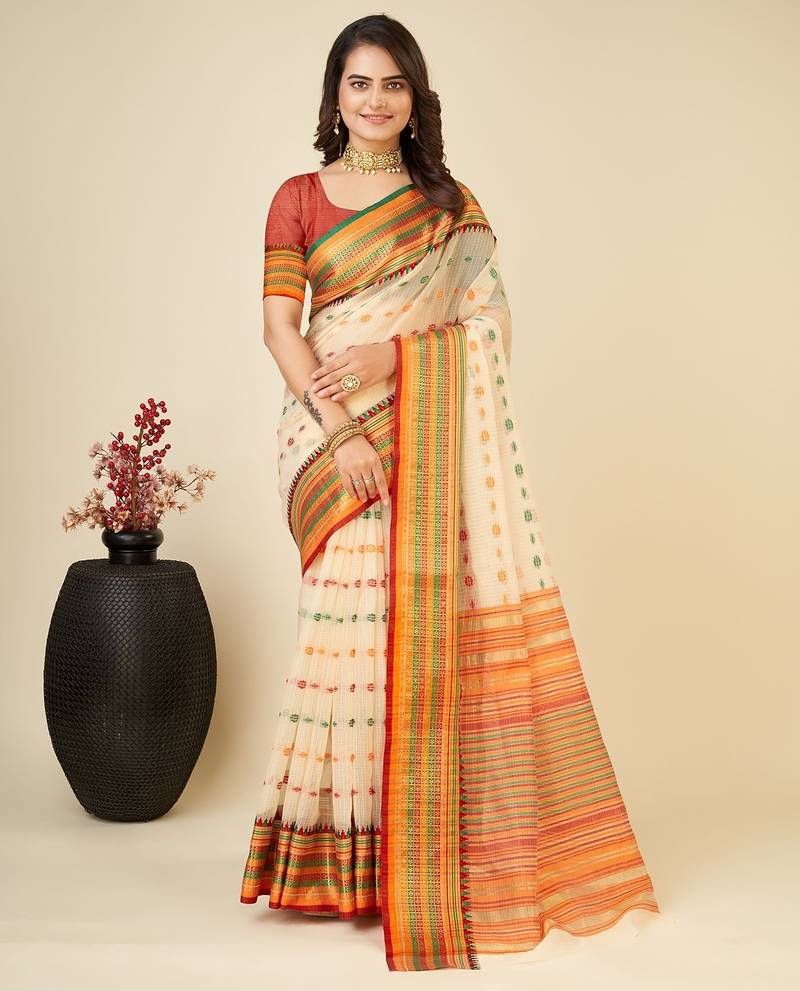 cream silk blend printed saree with blouse