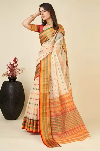 cream silk blend printed saree with blouse