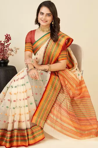 cream silk blend printed saree with blouse