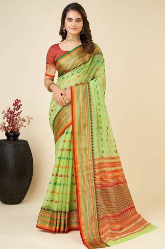 green silk blend printed saree with blouse