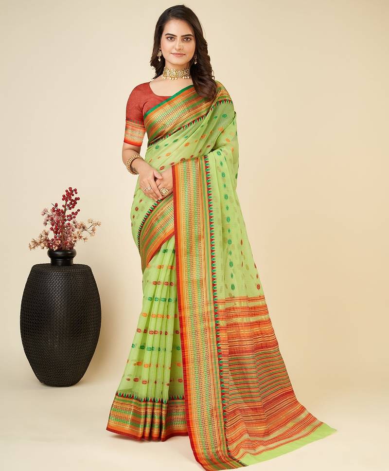 green silk blend printed saree with blouse