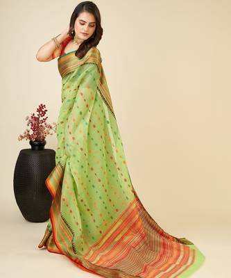 green silk blend printed saree with blouse 2