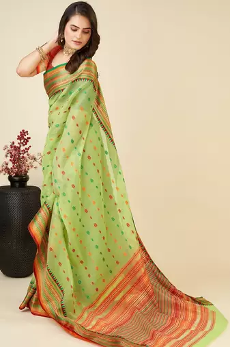 green silk blend printed saree with blouse