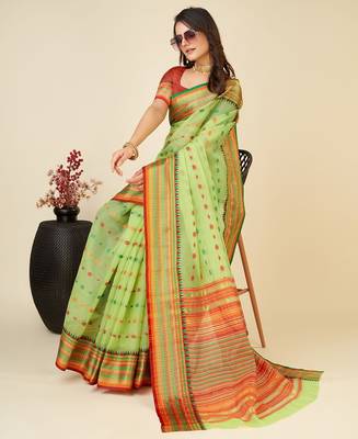 green silk blend printed saree with blouse 3