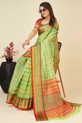 green silk blend printed saree with blouse