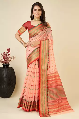 peach silk blend printed saree with blouse