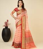 peach silk blend printed saree with blouse