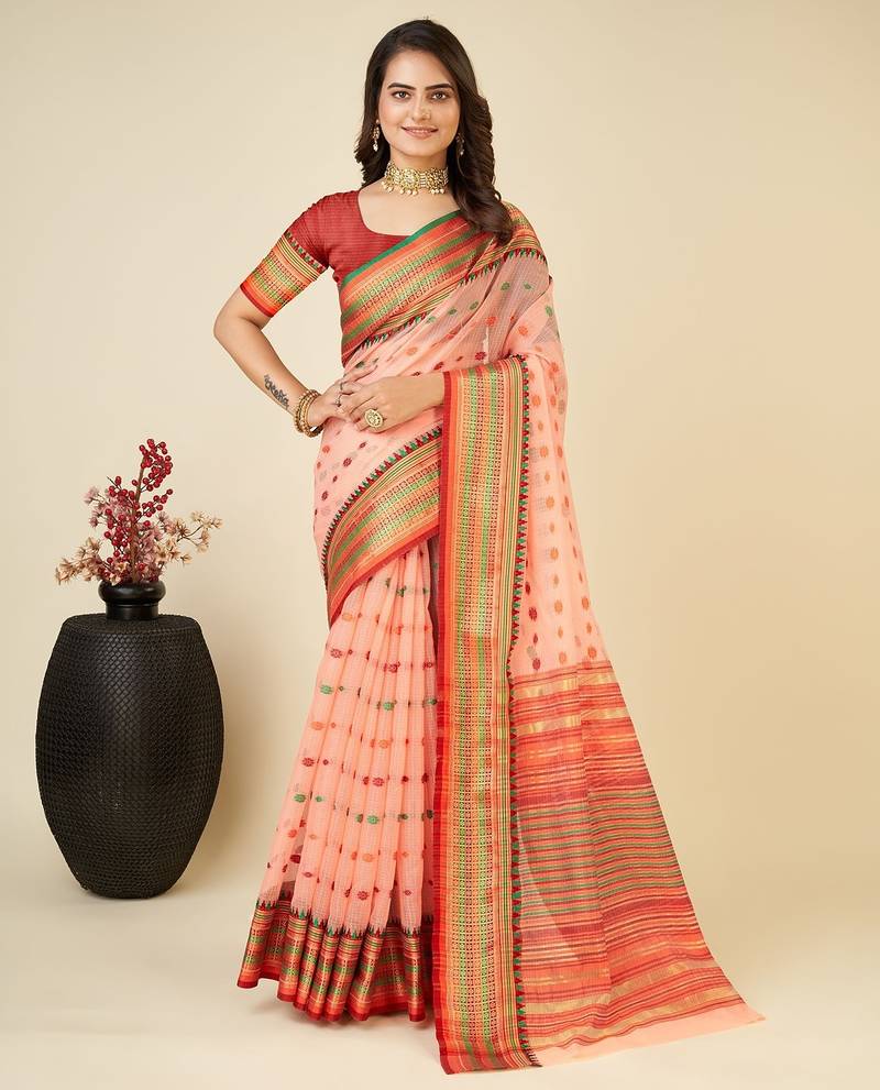 peach silk blend printed saree with blouse