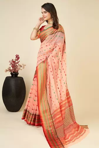 peach silk blend printed saree with blouse