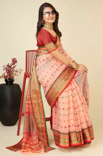peach silk blend printed saree with blouse