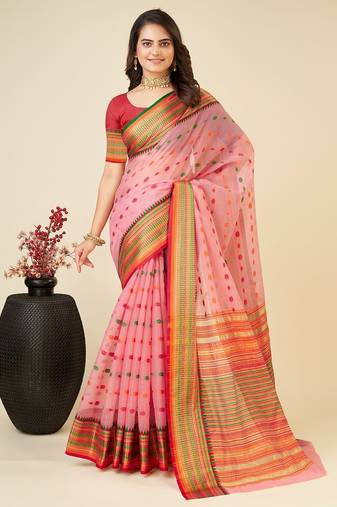 pink silk blend printed saree with blouse