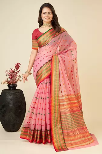 pink silk blend printed saree with blouse