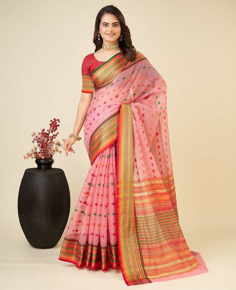 pink silk blend printed saree with blouse