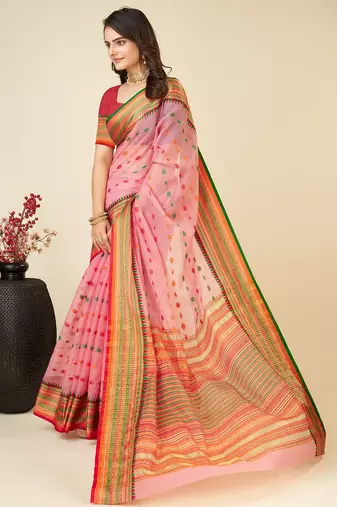 pink silk blend printed saree with blouse