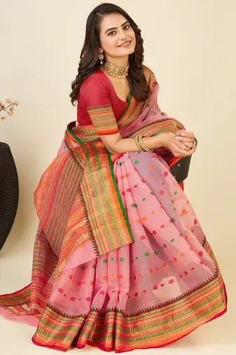 pink silk blend printed saree with blouse
