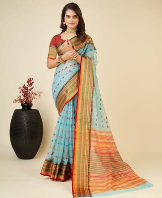 sky blue silk blend printed saree with blouse 1