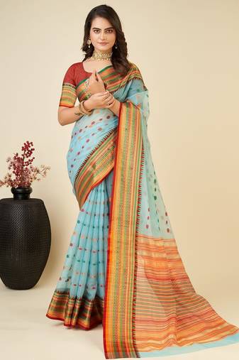 sky blue silk blend printed saree with blouse