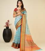 sky blue silk blend printed saree with blouse