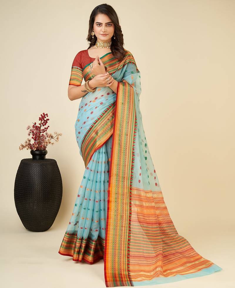 sky blue silk blend printed saree with blouse