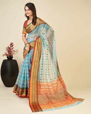 sky blue silk blend printed saree with blouse 2