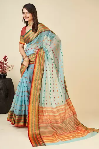 sky blue silk blend printed saree with blouse