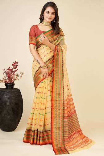 yellow silk blend printed saree with blouse