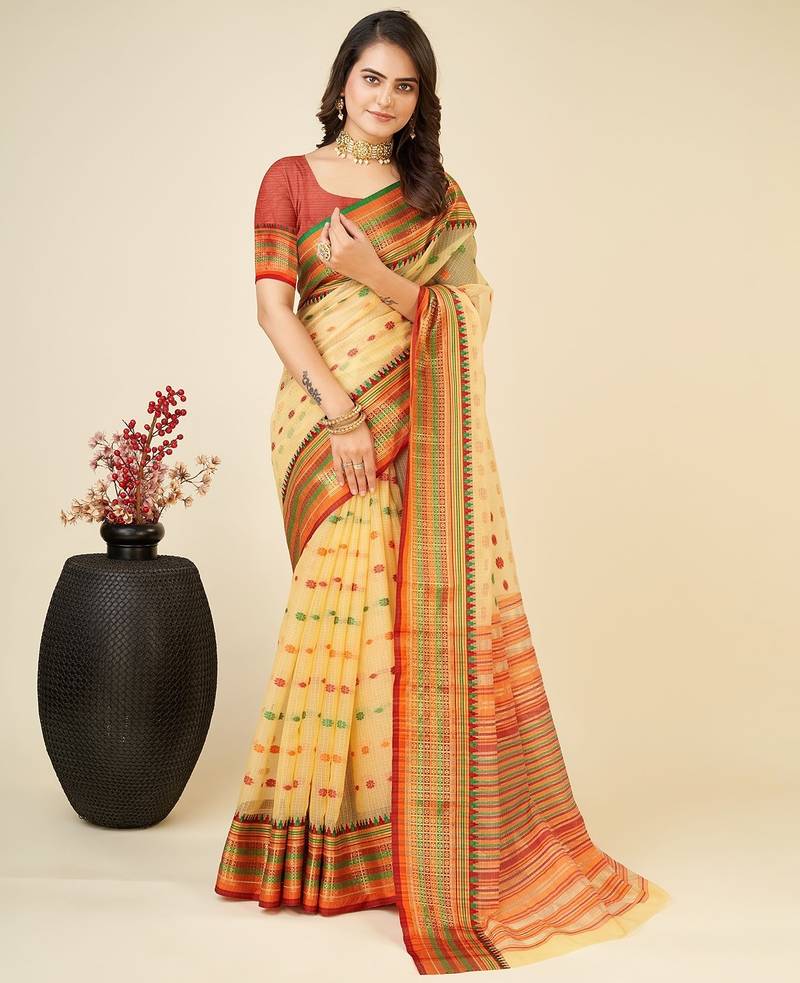 yellow silk blend printed saree with blouse