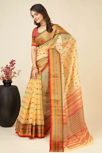 yellow silk blend printed saree with blouse