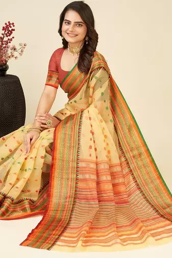 yellow silk blend printed saree with blouse