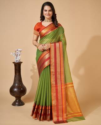 green chanderi printed saree with blouse 1