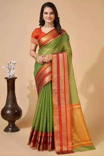 green chanderi printed saree with blouse