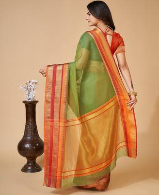 green chanderi printed saree with blouse 3