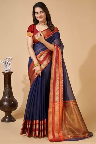 navy blue chanderi printed saree with blouse
