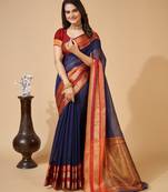 navy blue chanderi printed saree with blouse
