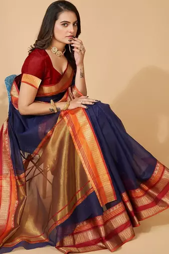 navy blue chanderi printed saree with blouse