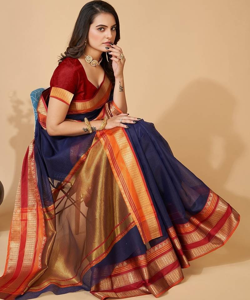 navy blue chanderi printed saree with blouse