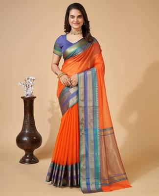 orange chanderi printed saree with blouse 1