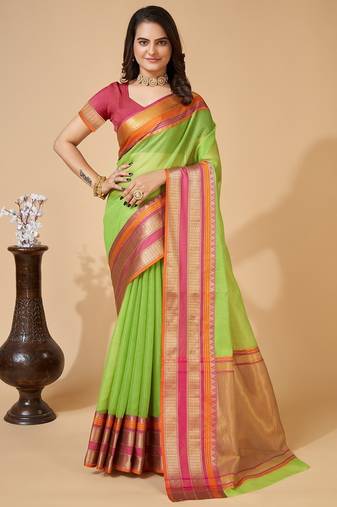 parrot green chanderi printed saree with blouse