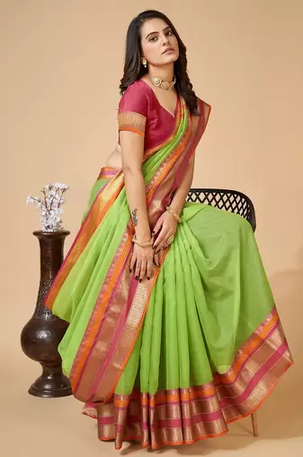 parrot green chanderi printed saree with blouse