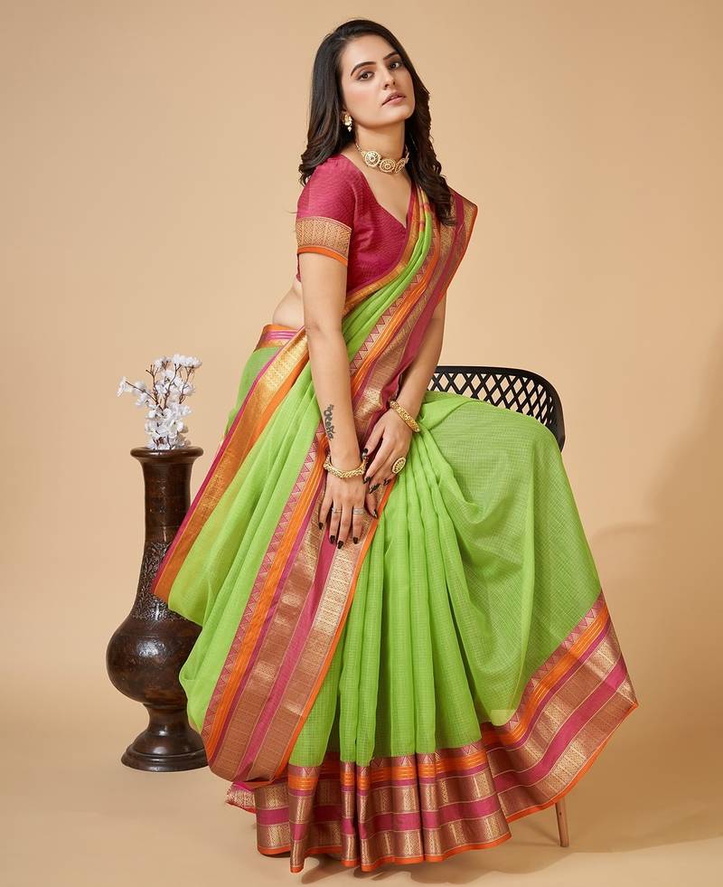 parrot green chanderi printed saree with blouse