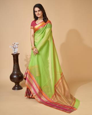 parrot green chanderi printed saree with blouse 3