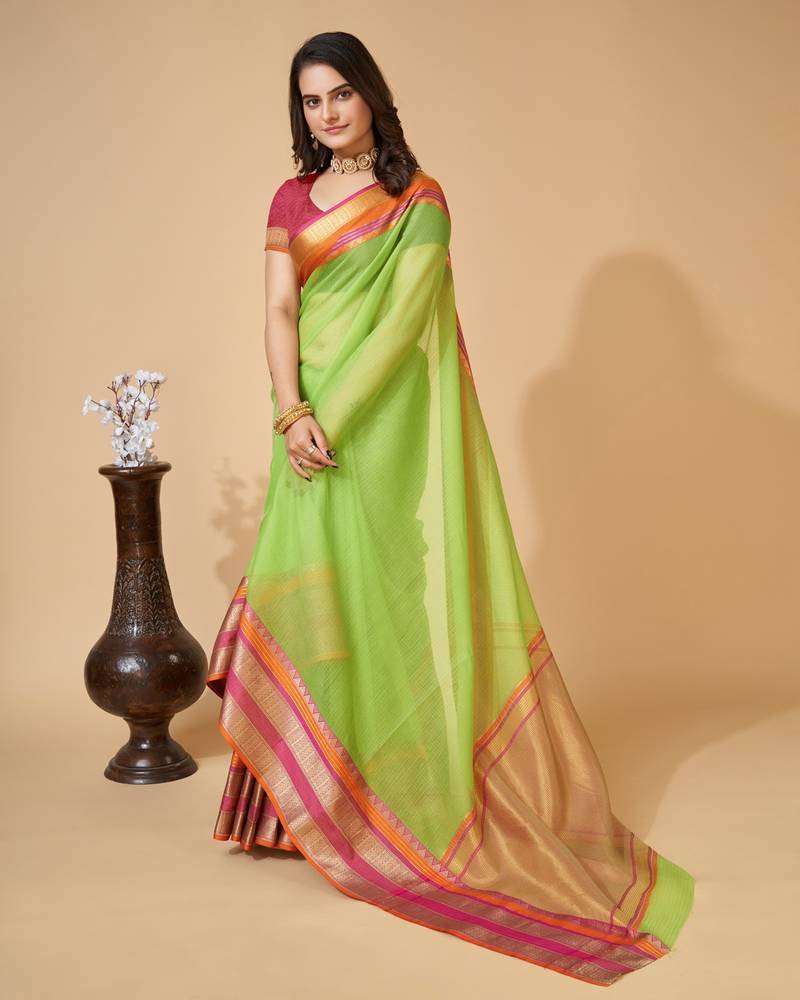 parrot green chanderi printed saree with blouse