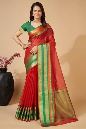 red chanderi printed saree with blouse