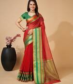 red chanderi printed saree with blouse