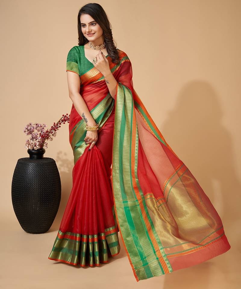 red chanderi printed saree with blouse